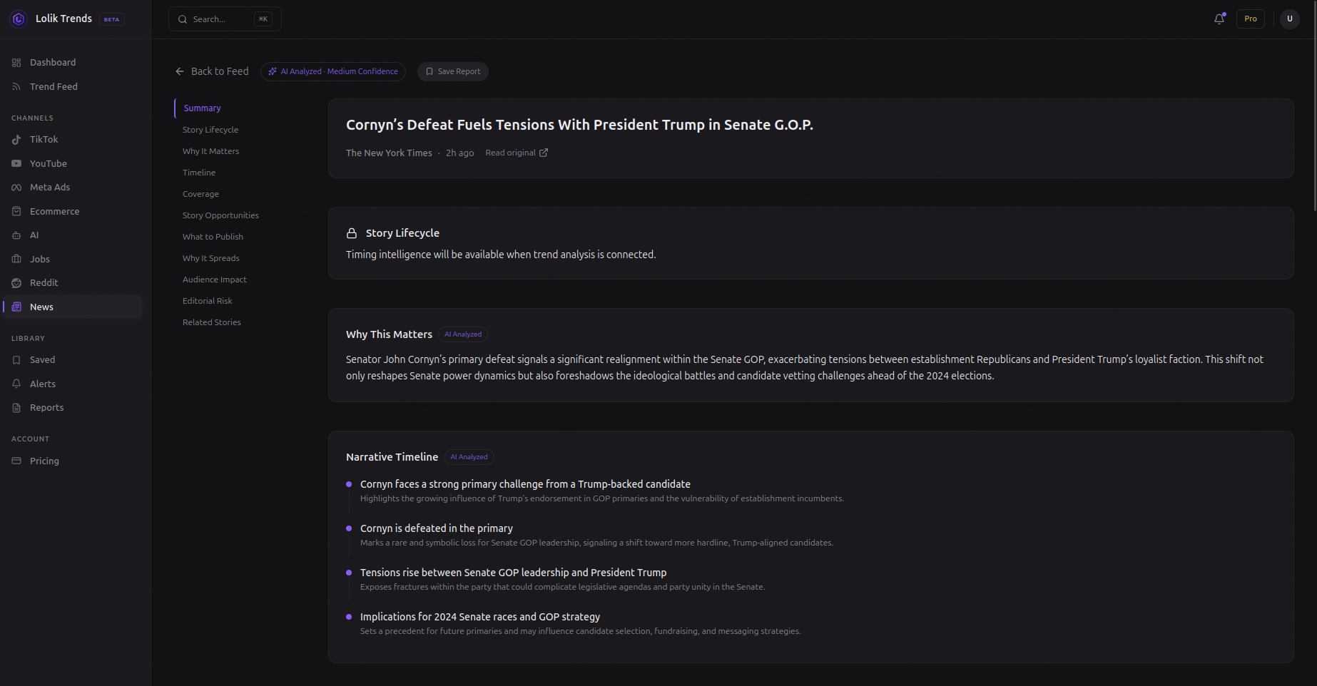 AI News Analysis — Narrative timeline, underserved angles, editorial strategy