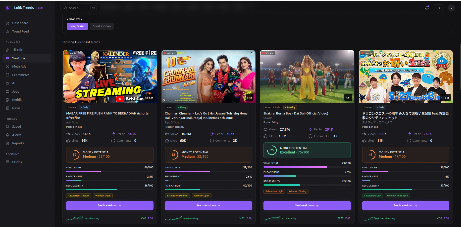 YouTube Trends — Live trend feed with viral scoring & money potential